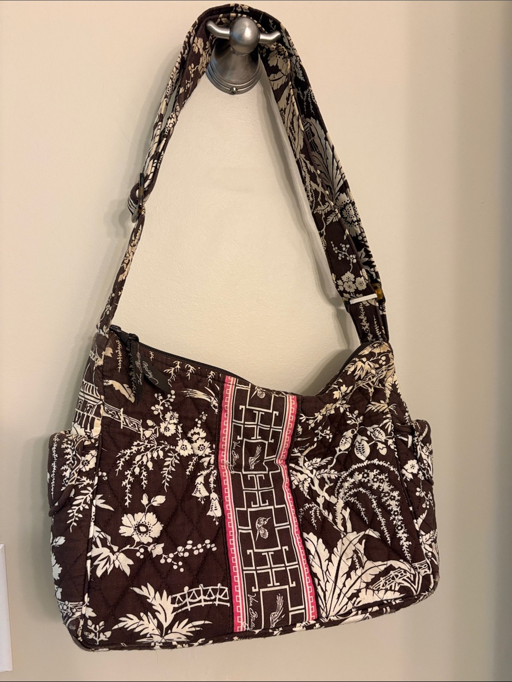 Vera Bradley Quilted Floral Shoulder Bag in Brown and Cream